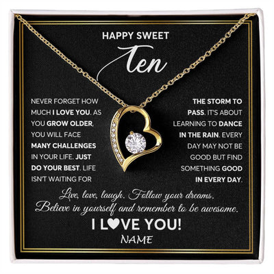 Forever Love Necklace 18K Yellow Gold Finish | Personalized Happy Sweet Ten Necklace Sweet 10 Gifts For Girls Birthday Jewelry 10 Ten Old Niece Daughter From Mom Dad Customized Gift Box Message Card | teecentury