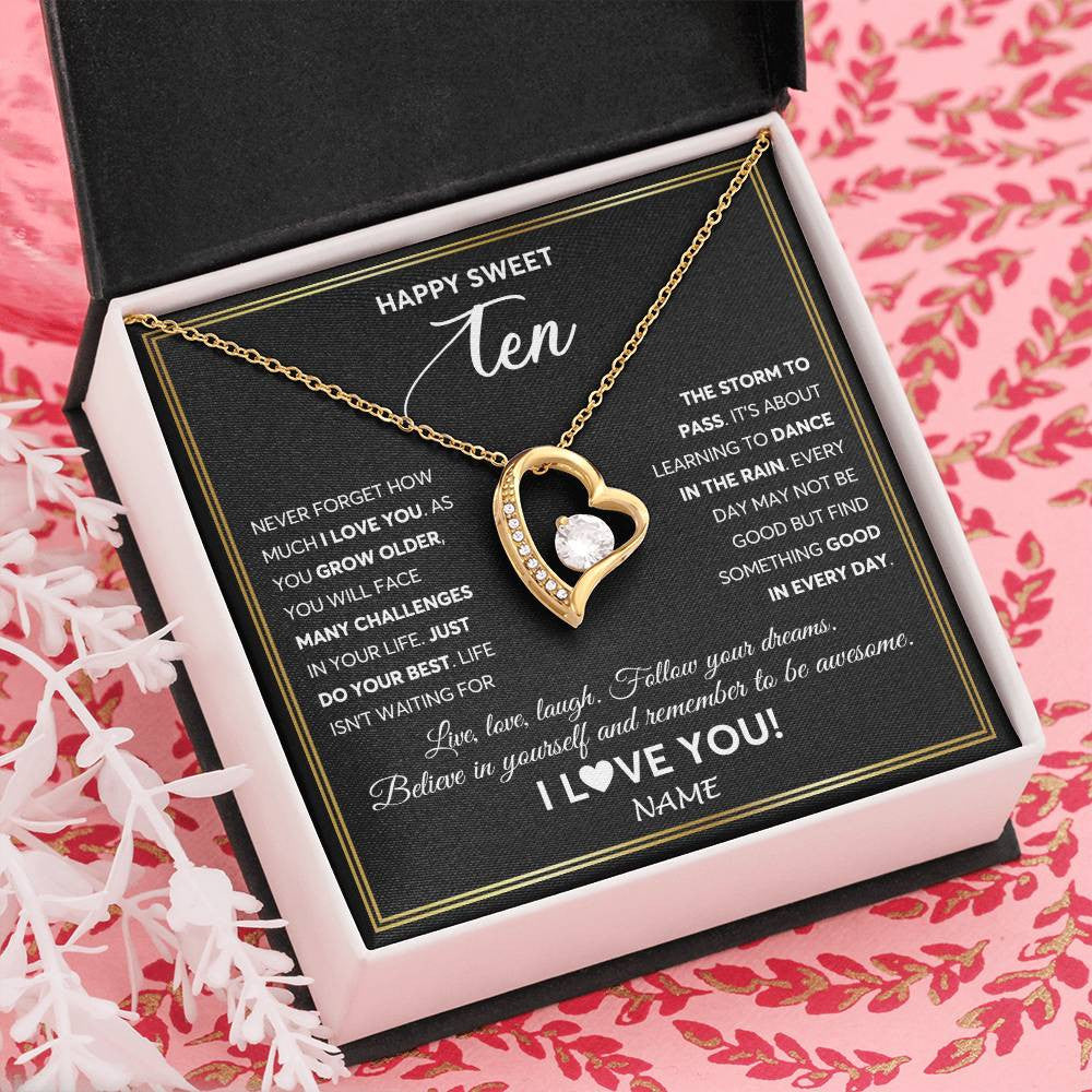 Forever Love Necklace 18K Yellow Gold Finish | Personalized Happy Sweet Ten Necklace Sweet 10 Gifts For Girls Birthday Jewelry 10 Ten Old Niece Daughter From Mom Dad Customized Gift Box Message Card | teecentury