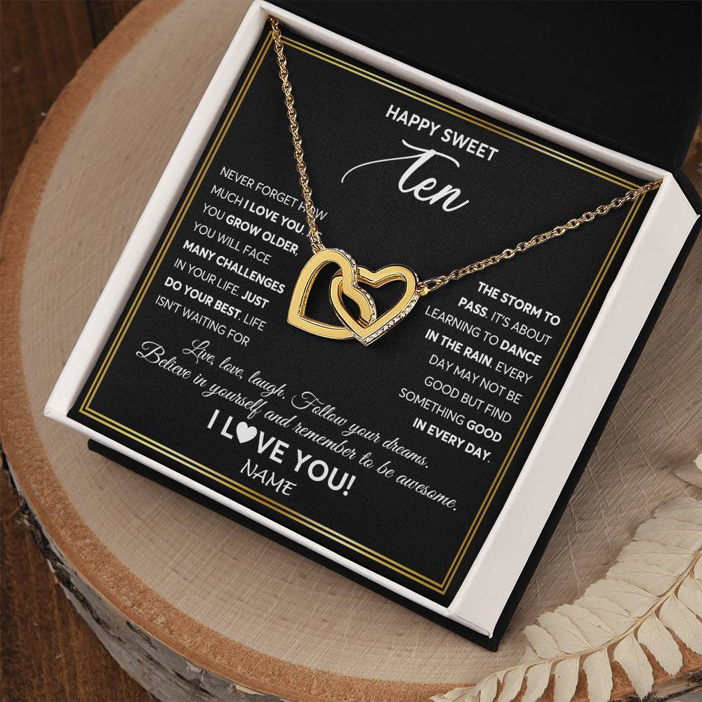 Interlocking Hearts Necklace 18K Yellow Gold Finish | Personalized Happy Sweet Ten Necklace Sweet 10 Gifts For Girls Birthday Jewelry 10 Ten Old Niece Daughter From Mom Dad Customized Gift Box Message Card | teecentury