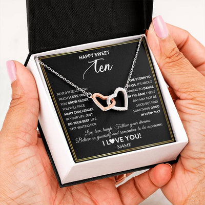 Interlocking Hearts Necklace Stainless Steel & Rose Gold Finish | Personalized Happy Sweet Ten Necklace Sweet 10 Gifts For Girls Birthday Jewelry 10 Ten Old Niece Daughter From Mom Dad Customized Gift Box Message Card | teecentury