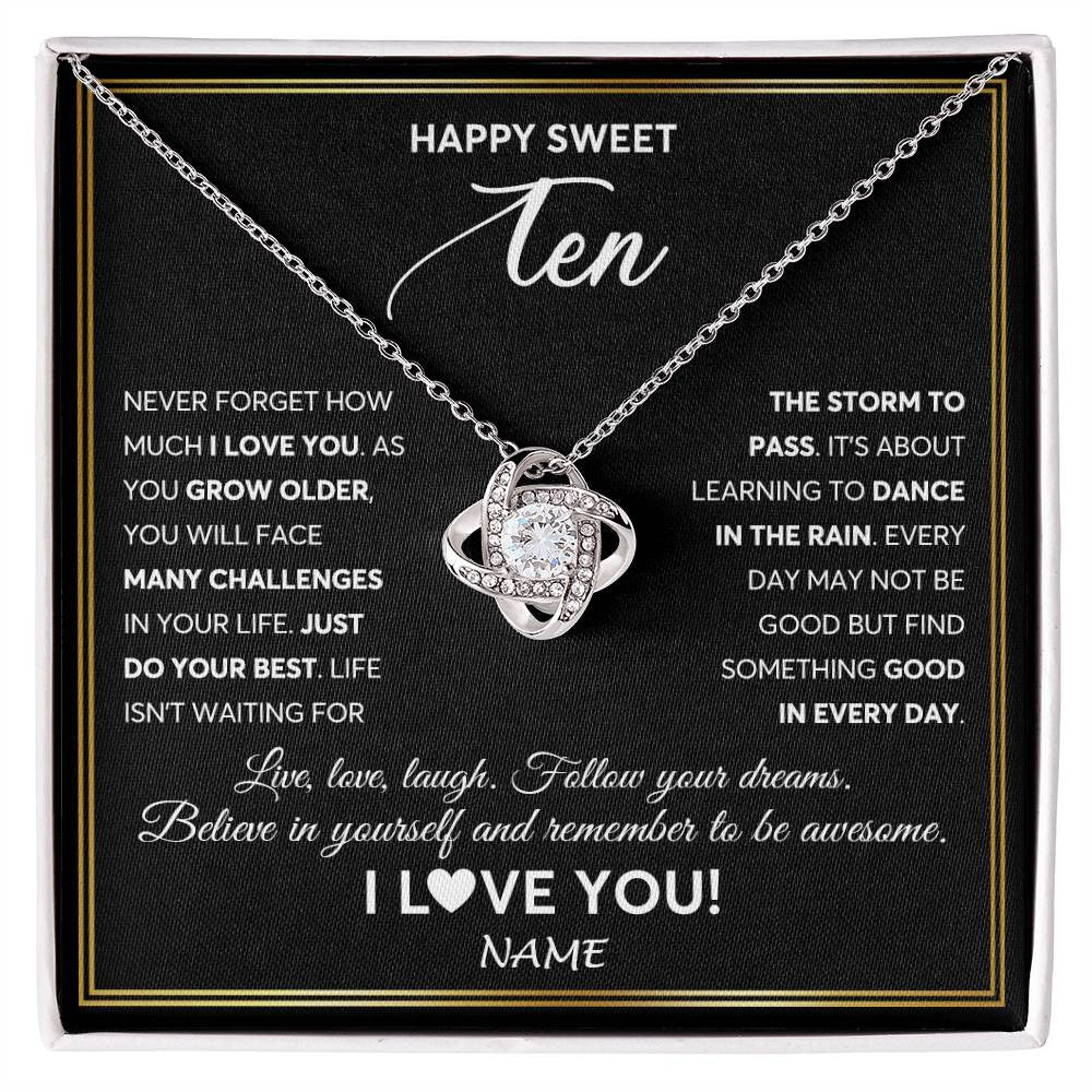 Love Knot Necklace 14K White Gold Finish | Personalized Happy Sweet Ten Necklace Sweet 10 Gifts For Girls Birthday Jewelry 10 Ten Old Niece Daughter From Mom Dad Customized Gift Box Message Card | teecentury