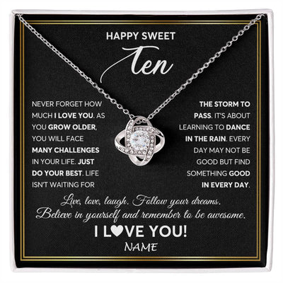 Love Knot Necklace 14K White Gold Finish | Personalized Happy Sweet Ten Necklace Sweet 10 Gifts For Girls Birthday Jewelry 10 Ten Old Niece Daughter From Mom Dad Customized Gift Box Message Card | teecentury