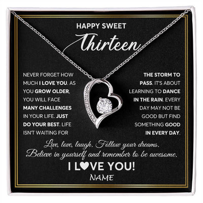 Forever Love Necklace 14K White Gold Finish | Personalized Happy Sweet Thirteen Necklace Sweet 13 Gifts For Girls Birthday Jewelry 13 Thirteen Old Niece Daughter From Mom Dad Customized Gift Box Message Card | teecentury