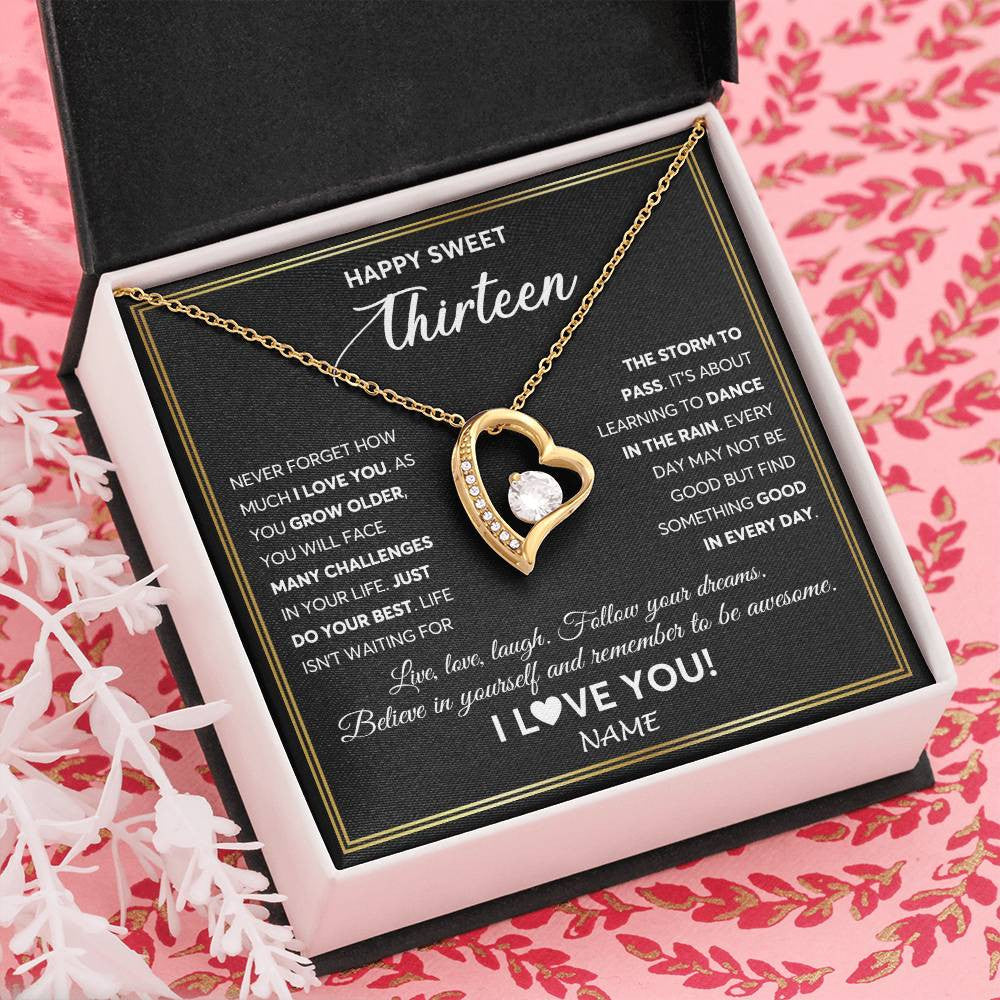 Forever Love Necklace 18K Yellow Gold Finish | Personalized Happy Sweet Thirteen Necklace Sweet 13 Gifts For Girls Birthday Jewelry 13 Thirteen Old Niece Daughter From Mom Dad Customized Gift Box Message Card | teecentury