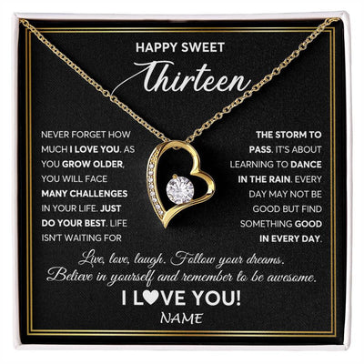 Forever Love Necklace 18K Yellow Gold Finish | Personalized Happy Sweet Thirteen Necklace Sweet 13 Gifts For Girls Birthday Jewelry 13 Thirteen Old Niece Daughter From Mom Dad Customized Gift Box Message Card | teecentury