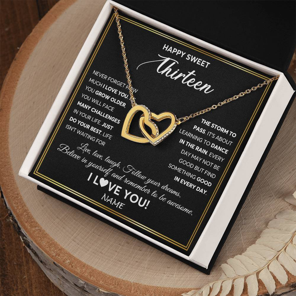Interlocking Hearts Necklace 18K Yellow Gold Finish | Personalized Happy Sweet Thirteen Necklace Sweet 13 Gifts For Girls Birthday Jewelry 13 Thirteen Old Niece Daughter From Mom Dad Customized Gift Box Message Card | teecentury