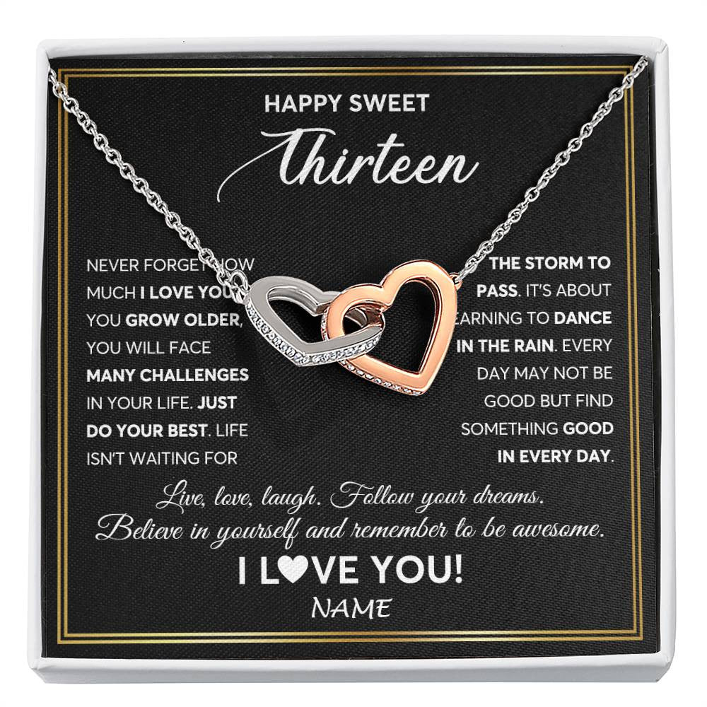 Interlocking Hearts Necklace Stainless Steel & Rose Gold Finish | Personalized Happy Sweet Thirteen Necklace Sweet 13 Gifts For Girls Birthday Jewelry 13 Thirteen Old Niece Daughter From Mom Dad Customized Gift Box Message Card | teecentury