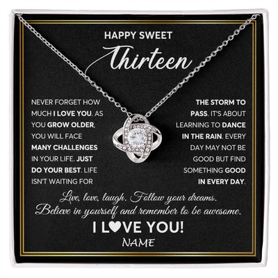 Love Knot Necklace 14K White Gold Finish | Personalized Happy Sweet Thirteen Necklace Sweet 13 Gifts For Girls Birthday Jewelry 13 Thirteen Old Niece Daughter From Mom Dad Customized Gift Box Message Card | teecentury