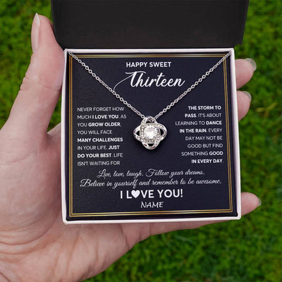 Love Knot Necklace 14K White Gold Finish | Personalized Happy Sweet Thirteen Necklace Sweet 13 Gifts For Girls Birthday Jewelry 13 Thirteen Old Niece Daughter From Mom Dad Customized Gift Box Message Card | teecentury