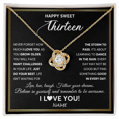 Love Knot Necklace 18K Yellow Gold Finish | Personalized Happy Sweet Thirteen Necklace Sweet 13 Gifts For Girls Birthday Jewelry 13 Thirteen Old Niece Daughter From Mom Dad Customized Gift Box Message Card | teecentury