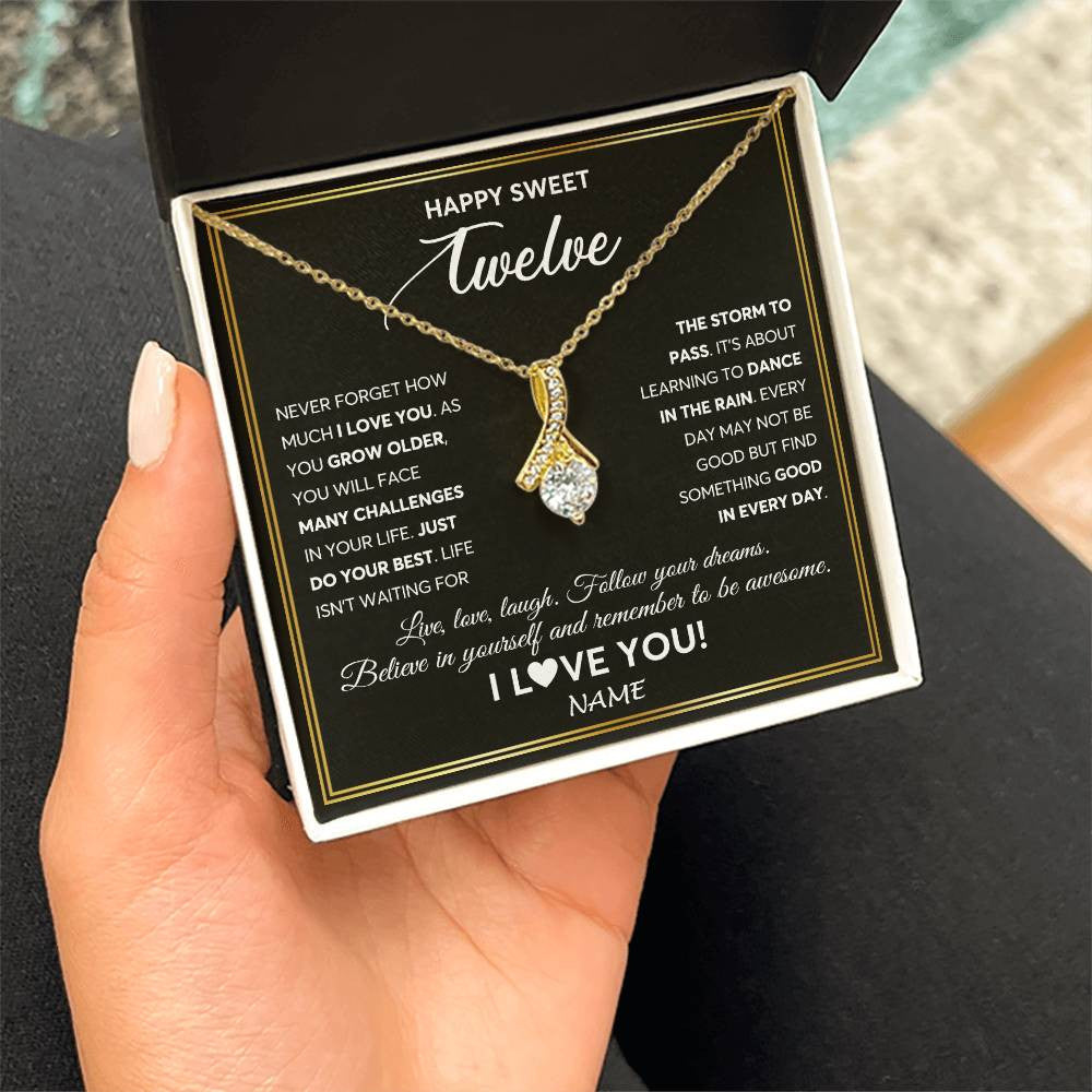 Alluring Beauty Necklace 18K Yellow Gold Finish | Personalized Happy Sweet Twelve Necklace Sweet 12 Gifts For Girls Birthday Jewelry 12 Twelve Old Niece Daughter From Mom Dad Customized Gift Box Message Card | teecentury
