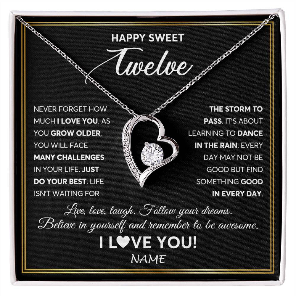 Forever Love Necklace 14K White Gold Finish | Personalized Happy Sweet Twelve Necklace Sweet 12 Gifts For Girls Birthday Jewelry 12 Twelve Old Niece Daughter From Mom Dad Customized Gift Box Message Card | teecentury