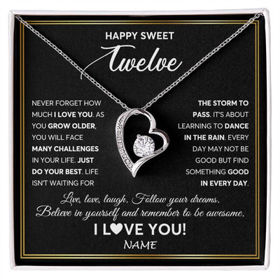 Forever Love Necklace 14K White Gold Finish | Personalized Happy Sweet Twelve Necklace Sweet 12 Gifts For Girls Birthday Jewelry 12 Twelve Old Niece Daughter From Mom Dad Customized Gift Box Message Card | teecentury