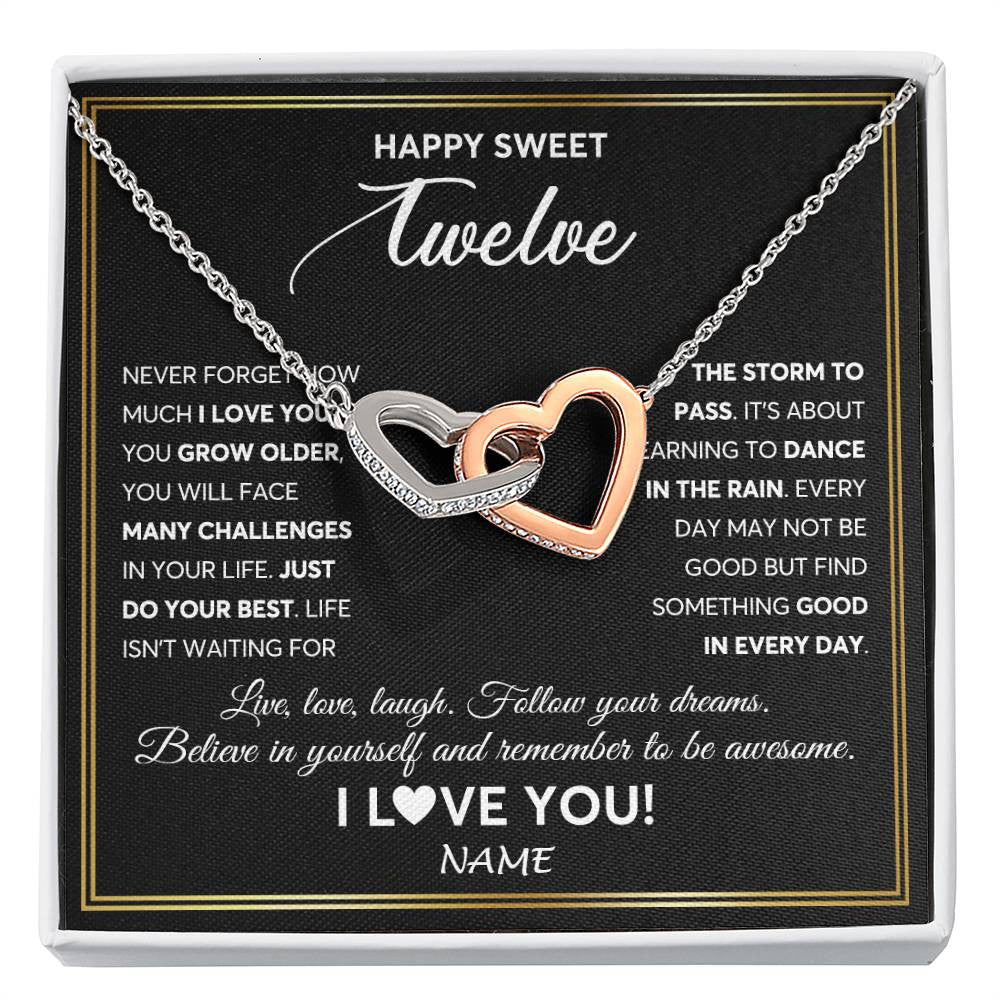 Interlocking Hearts Necklace Stainless Steel & Rose Gold Finish | Personalized Happy Sweet Twelve Necklace Sweet 12 Gifts For Girls Birthday Jewelry 12 Twelve Old Niece Daughter From Mom Dad Customized Gift Box Message Card | teecentury