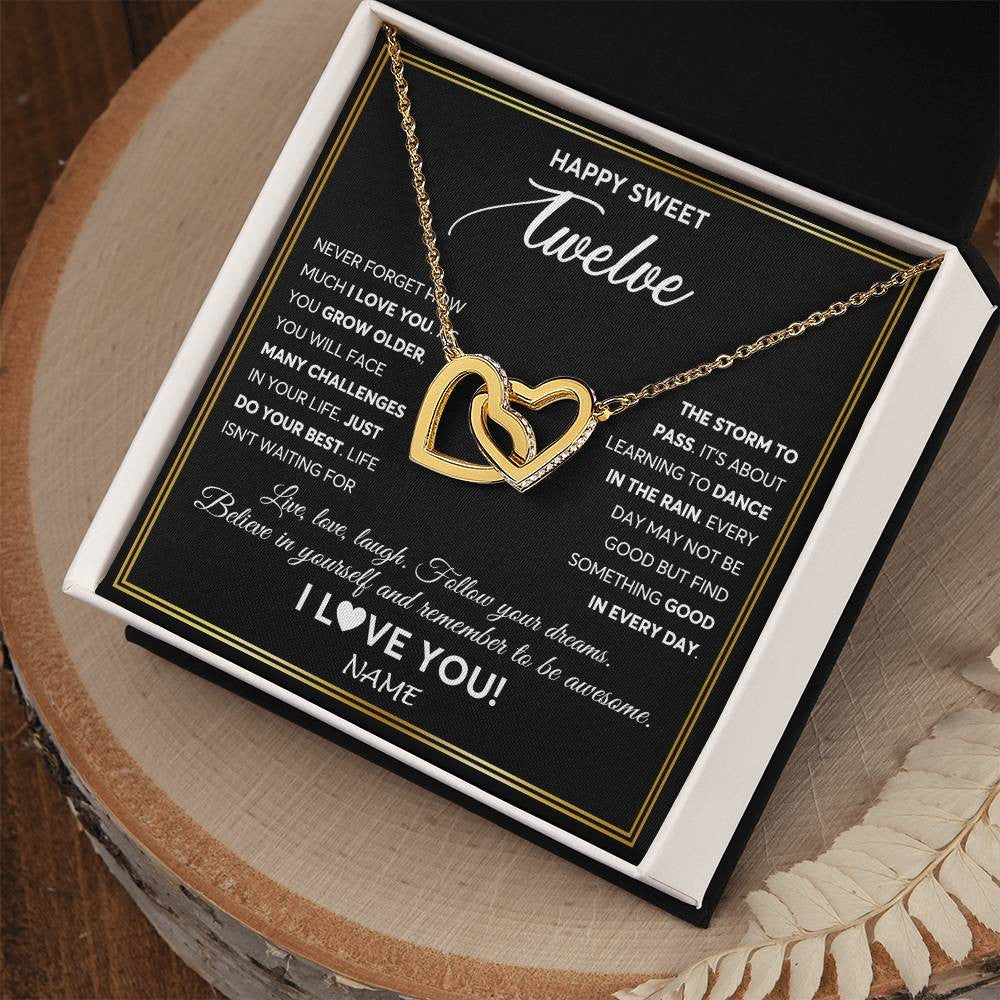Interlocking Hearts Necklace 18K Yellow Gold Finish | Personalized Happy Sweet Twelve Necklace Sweet 12 Gifts For Girls Birthday Jewelry 12 Twelve Old Niece Daughter From Mom Dad Customized Gift Box Message Card | teecentury