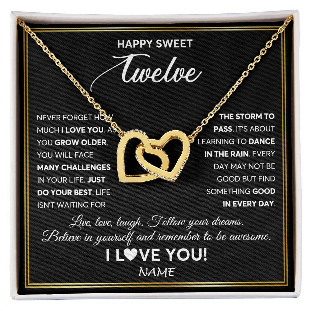 Interlocking Hearts Necklace 18K Yellow Gold Finish | Personalized Happy Sweet Twelve Necklace Sweet 12 Gifts For Girls Birthday Jewelry 12 Twelve Old Niece Daughter From Mom Dad Customized Gift Box Message Card | teecentury