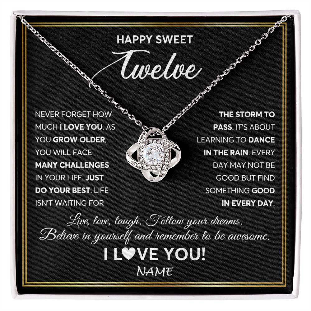 Love Knot Necklace 14K White Gold Finish | Personalized Happy Sweet Twelve Necklace Sweet 12 Gifts For Girls Birthday Jewelry 12 Twelve Old Niece Daughter From Mom Dad Customized Gift Box Message Card | teecentury