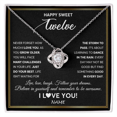 Love Knot Necklace 14K White Gold Finish | Personalized Happy Sweet Twelve Necklace Sweet 12 Gifts For Girls Birthday Jewelry 12 Twelve Old Niece Daughter From Mom Dad Customized Gift Box Message Card | teecentury