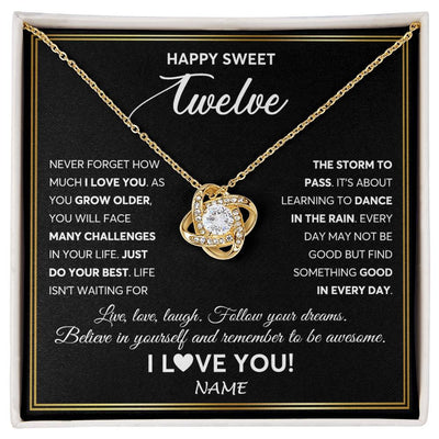 Love Knot Necklace 18K Yellow Gold Finish | Personalized Happy Sweet Twelve Necklace Sweet 12 Gifts For Girls Birthday Jewelry 12 Twelve Old Niece Daughter From Mom Dad Customized Gift Box Message Card | teecentury