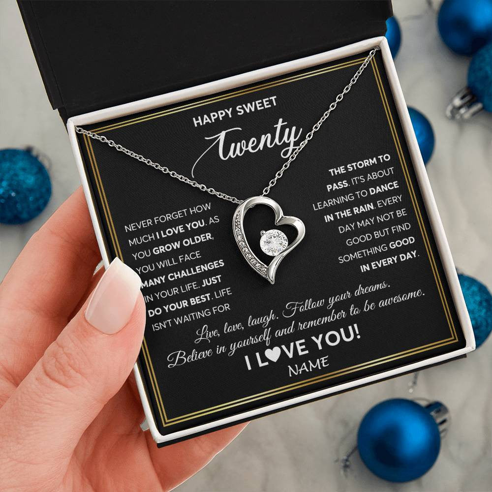 Forever Love Necklace 14K White Gold Finish | Personalized Happy Sweet Twenty Necklace Sweet 20 Gifts For Girls Birthday Jewelry 20 Twenty Old Niece Daughter From Mom Dad Customized Gift Box Message Card | teecentury