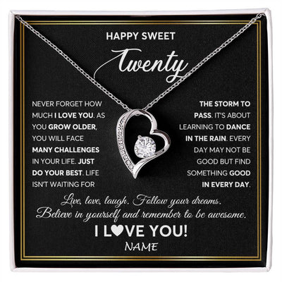 Forever Love Necklace 14K White Gold Finish | Personalized Happy Sweet Twenty Necklace Sweet 20 Gifts For Girls Birthday Jewelry 20 Twenty Old Niece Daughter From Mom Dad Customized Gift Box Message Card | teecentury
