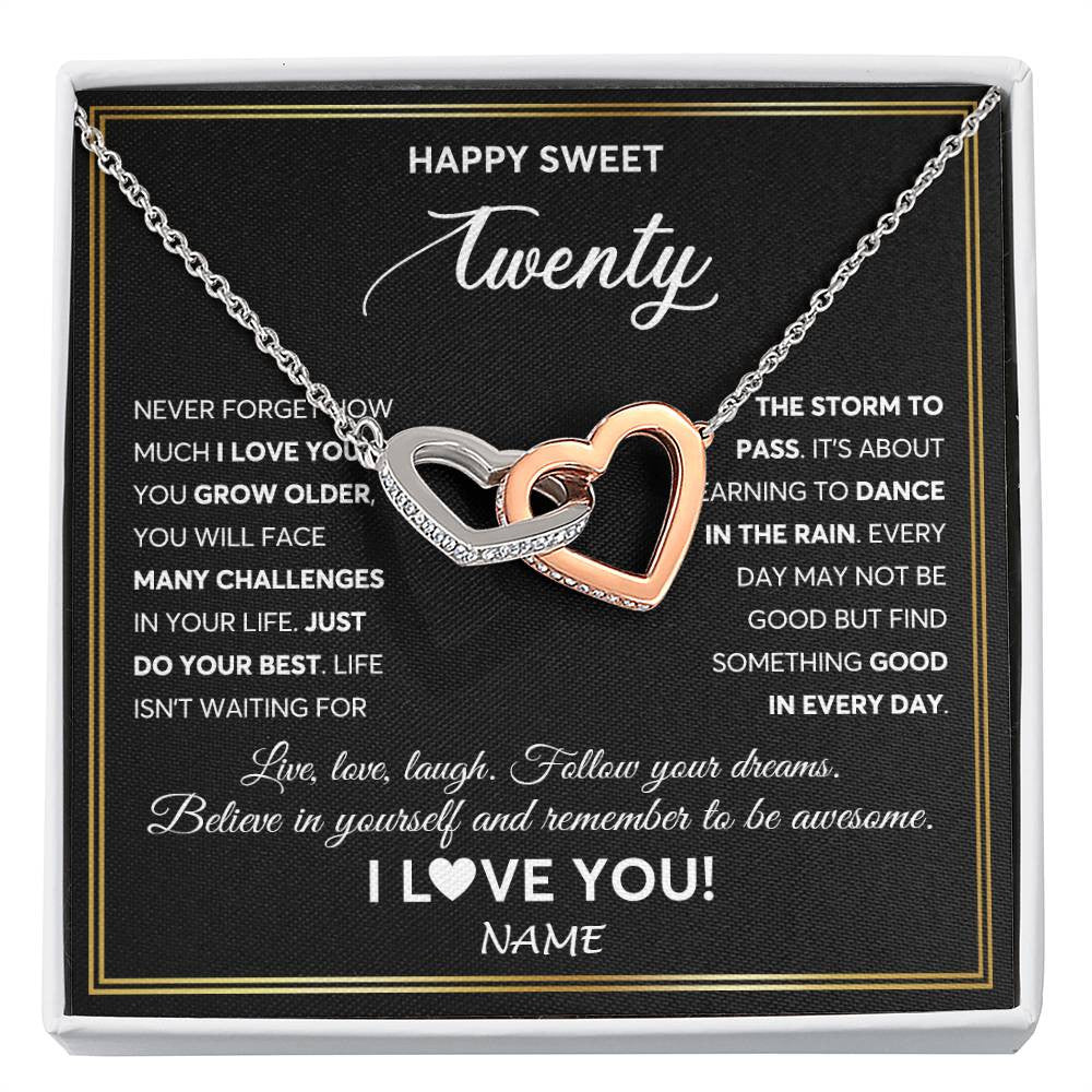 Interlocking Hearts Necklace Stainless Steel & Rose Gold Finish | Personalized Happy Sweet Twenty Necklace Sweet 20 Gifts For Girls Birthday Jewelry 20 Twenty Old Niece Daughter From Mom Dad Customized Gift Box Message Card | teecentury