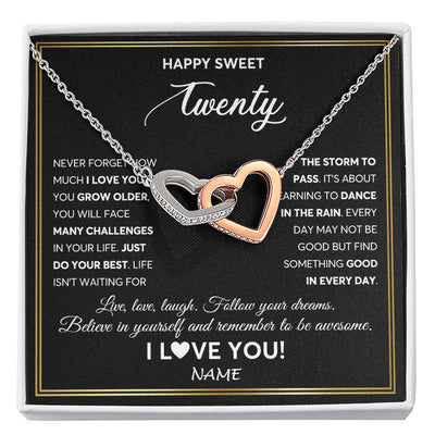 Interlocking Hearts Necklace Stainless Steel & Rose Gold Finish | Personalized Happy Sweet Twenty Necklace Sweet 20 Gifts For Girls Birthday Jewelry 20 Twenty Old Niece Daughter From Mom Dad Customized Gift Box Message Card | teecentury