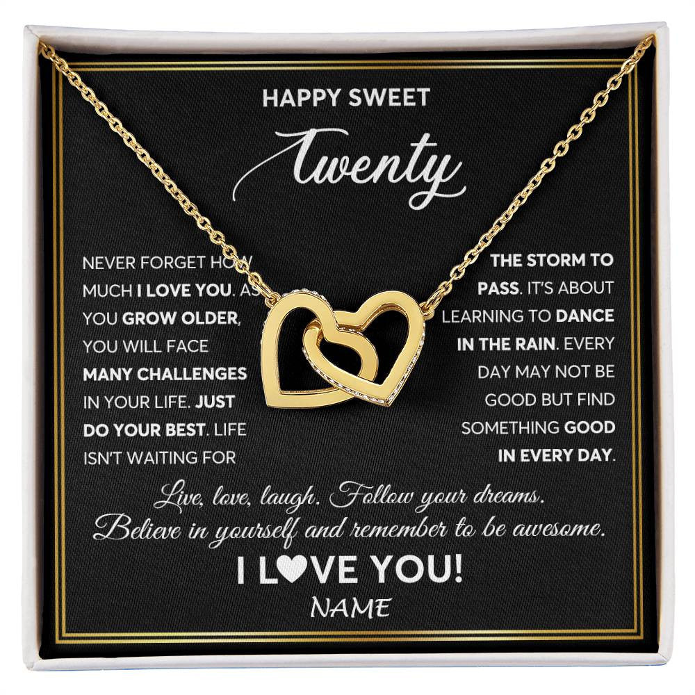 Interlocking Hearts Necklace 18K Yellow Gold Finish | Personalized Happy Sweet Twenty Necklace Sweet 20 Gifts For Girls Birthday Jewelry 20 Twenty Old Niece Daughter From Mom Dad Customized Gift Box Message Card | teecentury