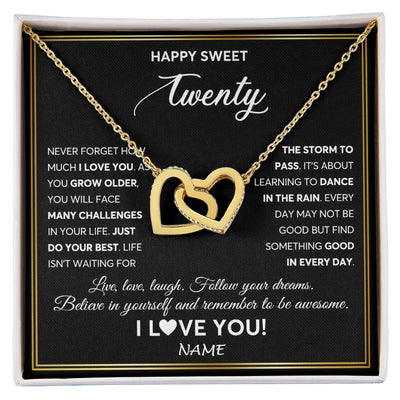 Interlocking Hearts Necklace 18K Yellow Gold Finish | Personalized Happy Sweet Twenty Necklace Sweet 20 Gifts For Girls Birthday Jewelry 20 Twenty Old Niece Daughter From Mom Dad Customized Gift Box Message Card | teecentury