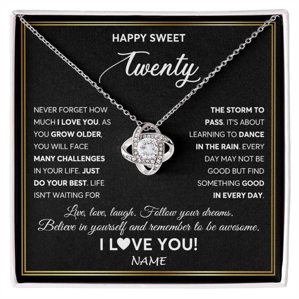 Love Knot Necklace 14K White Gold Finish | Personalized Happy Sweet Twenty Necklace Sweet 20 Gifts For Girls Birthday Jewelry 20 Twenty Old Niece Daughter From Mom Dad Customized Gift Box Message Card | teecentury
