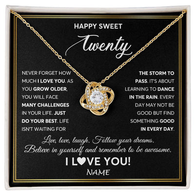 Love Knot Necklace 18K Yellow Gold Finish | Personalized Happy Sweet Twenty Necklace Sweet 20 Gifts For Girls Birthday Jewelry 20 Twenty Old Niece Daughter From Mom Dad Customized Gift Box Message Card | teecentury