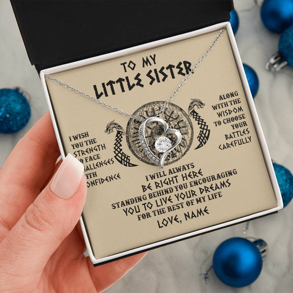 Forever Love Necklace 14K White Gold Finish | 2 | Personalized Little Sister Viking Necklace I Wish You The Strength Scandinavian Norse Runes Viking For Women Sister Birthday Customized Gift Box Message Card | teecentury