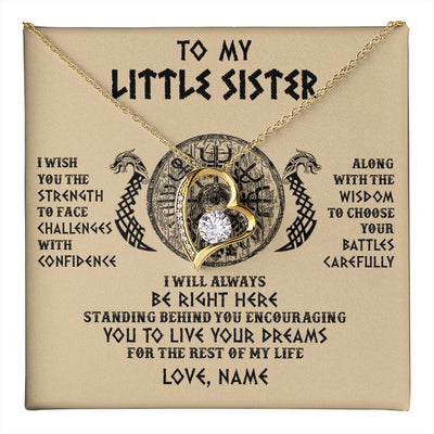Forever Love Necklace 18K Yellow Gold Finish | 1 | Personalized Little Sister Viking Necklace I Wish You The Strength Scandinavian Norse Runes Viking For Women Sister Birthday Customized Gift Box Message Card | teecentury