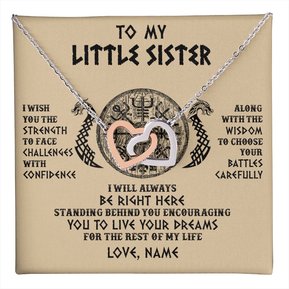 Interlocking Hearts Necklace Stainless Steel & Rose Gold Finish | 1 | Personalized Little Sister Viking Necklace I Wish You The Strength Scandinavian Norse Runes Viking For Women Sister Birthday Customized Gift Box Message Card | teecentury