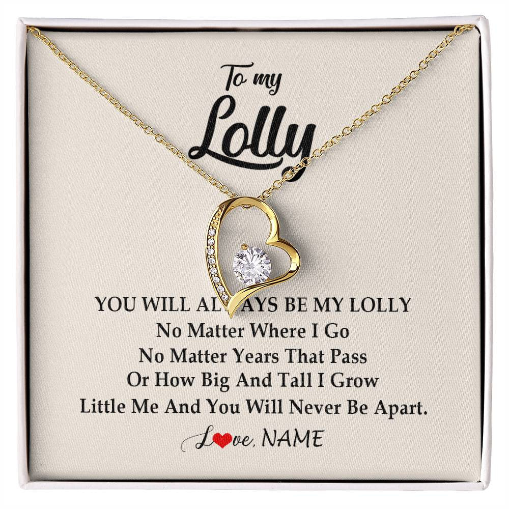 Forever Love Necklace 18K Yellow Gold Finish | Personalized Lolly Necklace From Grandkids Granddaughter Grandson You Will Always Be My Lolly Birthday Mothers Day Christmas Customized Gift Box Message Card | teecentury