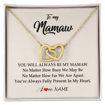 Interlocking Hearts Necklace 18K Yellow Gold Finish | Personalized Mamaw Necklace From Grandkids Granddaughter Grandson You're Always In My Heart Mamaw Birthday Mothers Day Jewelry Customized Gift Box Message Card | teecentury