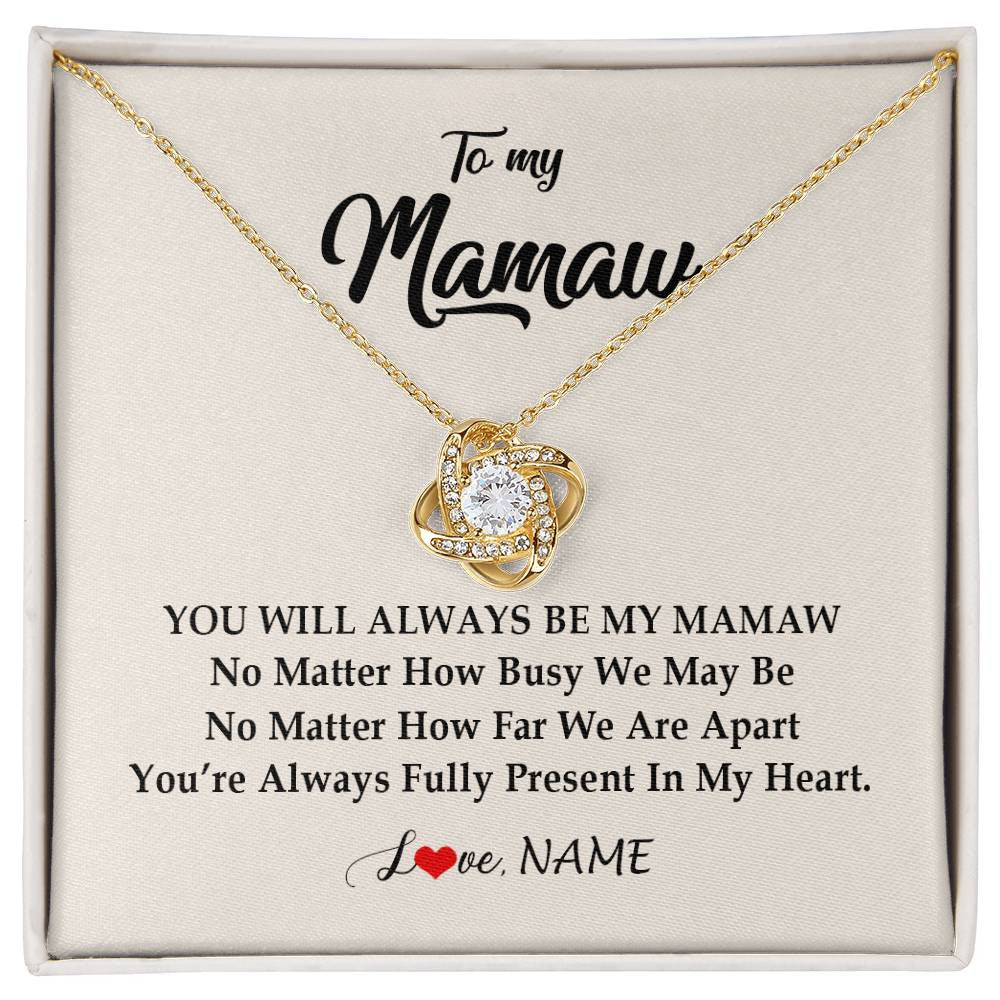 Love Knot Necklace 18K Yellow Gold Finish | Personalized Mamaw Necklace From Grandkids Granddaughter Grandson You're Always In My Heart Mamaw Birthday Mothers Day Jewelry Customized Gift Box Message Card | teecentury