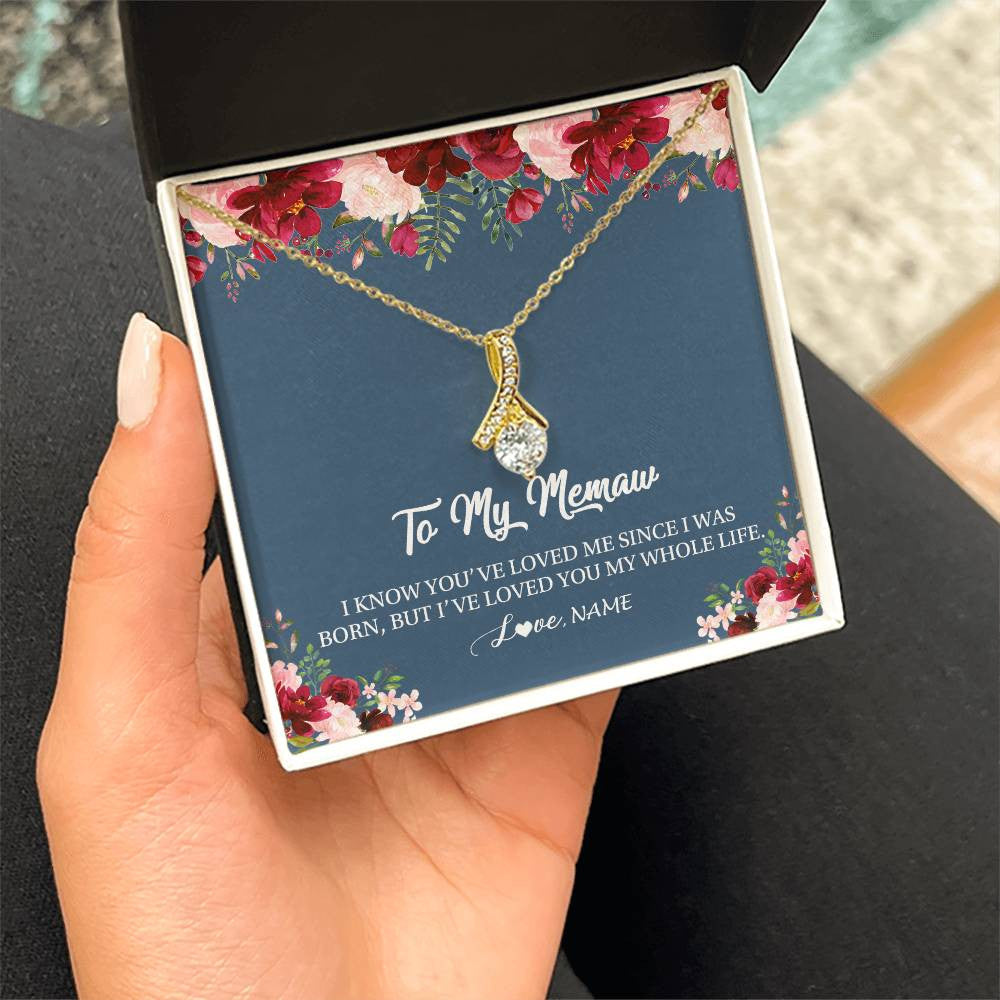 Alluring Beauty Necklace 18K Yellow Gold Finish | Personalized Memaw Necklace From Grandkids Granddaughter Grandson I've Loved You My Whole Life Floral Memaw Birthday Mothers Day Christmas Customized Message Card | teecentury