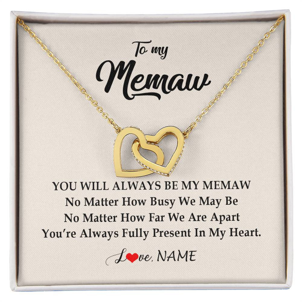 Interlocking Hearts Necklace 18K Yellow Gold Finish | Personalized Memaw Necklace From Grandkids Granddaughter Grandson You're Always In My Heart Memaw Birthday Mothers Day Jewelry Customized Gift Box Message Card | teecentury