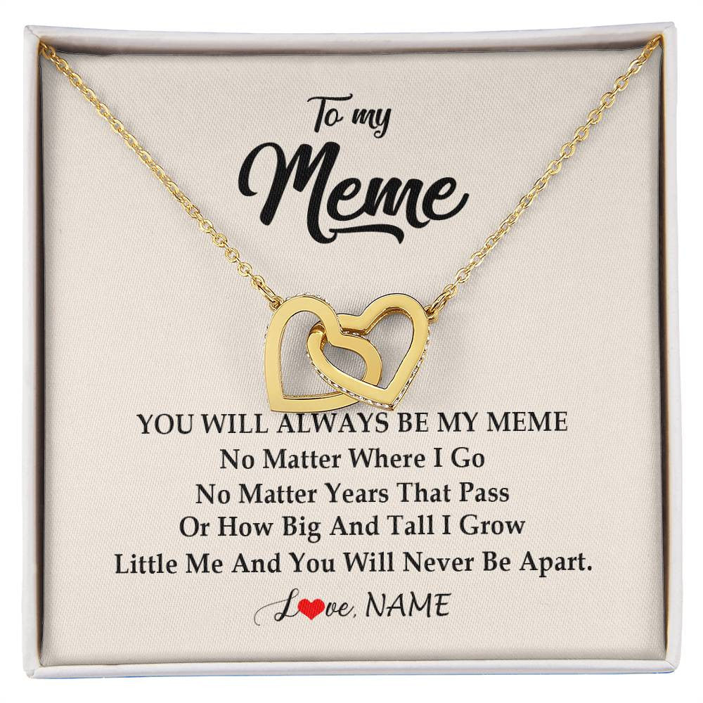 Interlocking Hearts Necklace 18K Yellow Gold Finish | Personalized Meme Necklace From Grandkids Granddaughter Grandson You Will Always Be My Meme Birthday Mothers Day Christmas Customized Gift Box Message Card | teecentury