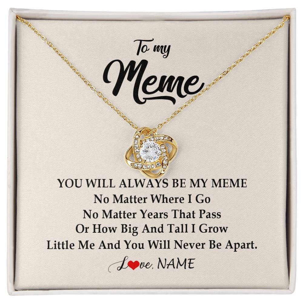 Love Knot Necklace 18K Yellow Gold Finish | Personalized Meme Necklace From Grandkids Granddaughter Grandson You Will Always Be My Meme Birthday Mothers Day Christmas Customized Gift Box Message Card | teecentury