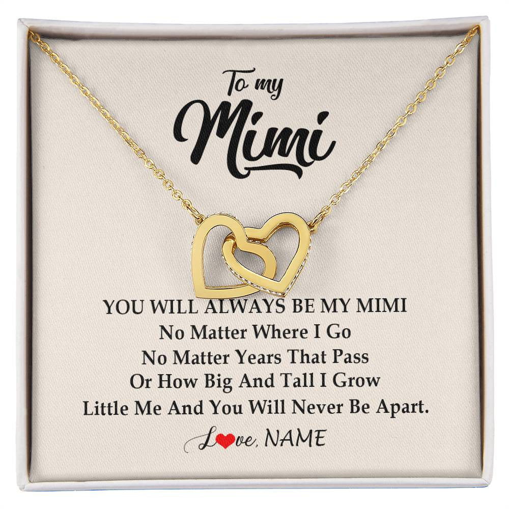 Interlocking Hearts Necklace 18K Yellow Gold Finish | Personalized Mimi Necklace From Grandkids Granddaughter Grandson You Will Always Be My Mimi Birthday Mothers Day Christmas Customized Gift Box Message Card | teecentury
