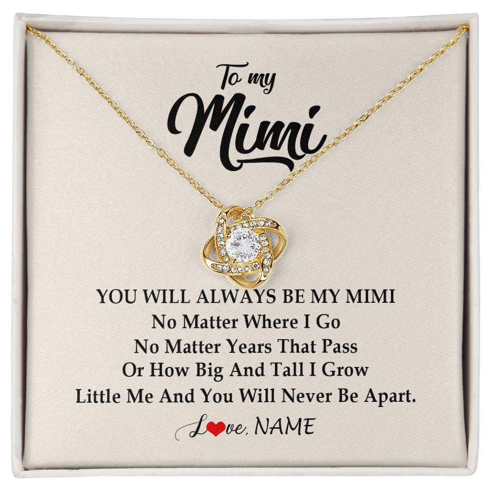 Love Knot Necklace 18K Yellow Gold Finish | Personalized Mimi Necklace From Grandkids Granddaughter Grandson You Will Always Be My Mimi Birthday Mothers Day Christmas Customized Gift Box Message Card | teecentury