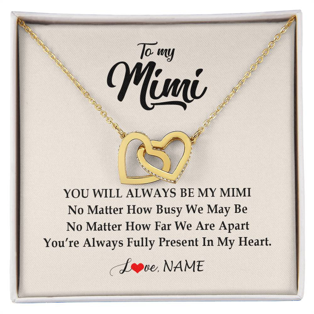 Interlocking Hearts Necklace 18K Yellow Gold Finish | Personalized Mimi Necklace From Grandkids Granddaughter Grandson You're Always In My Heart Mimi Birthday Mothers Day Christmas Customized Gift Box Message Card | teecentury