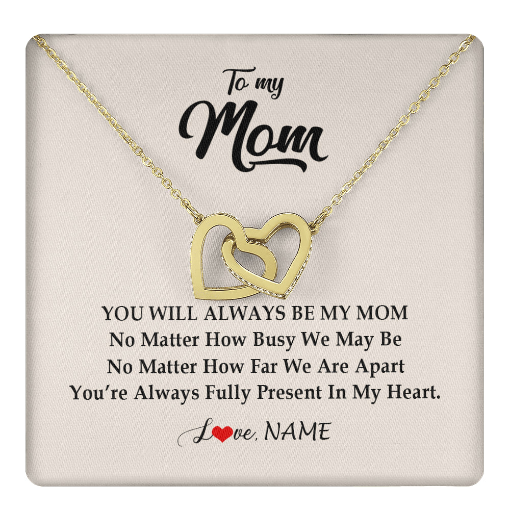 Interlocking Hearts Necklace 18K Yellow Gold Finish | 1 | Personalized Mom Necklace From Daughter Son You're Always In My Heart Mom Birthday Mothers Day Christmas Jewelry Pendant Customized Gift Box Message Card | teecentury