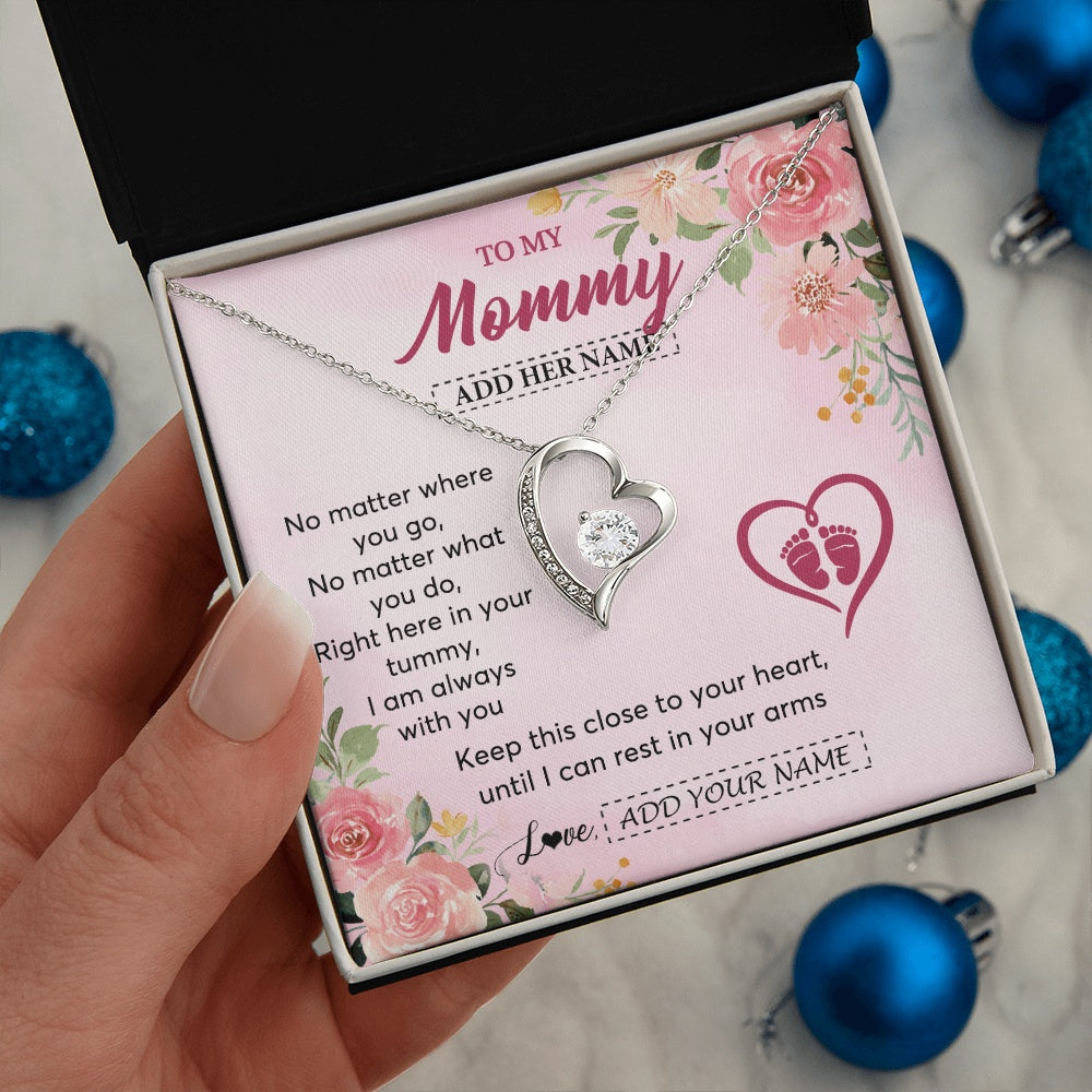 Forever Love Necklace 14K White Gold Finish | 2 | Personalized Mommy To Be Gift Pregnancy Gifts To My Mommy From Baby Bump Necklace Expecting Mom Gifts New Mothers Day Jewellery Custom Gift Box Message Card | https://teecentury.