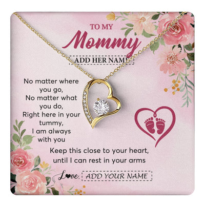 Forever Love Necklace 18K Yellow Gold Finish | 1 | Personalized Mommy To Be Gift Pregnancy Gifts To My Mommy From Baby Bump Necklace Expecting Mom Gifts New Mothers Day Jewellery Custom Gift Box Message Card | https://teecentury.
