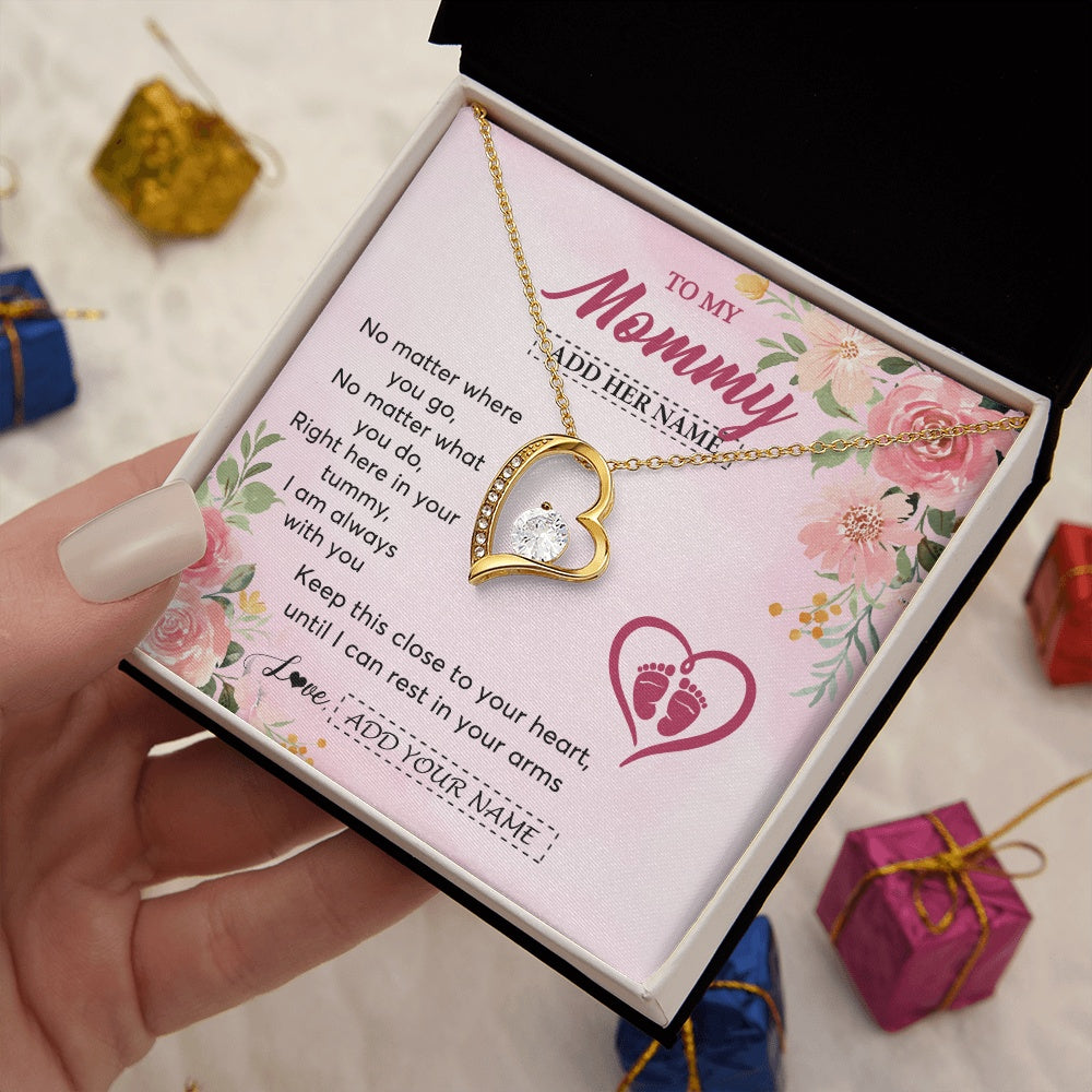 Forever Love Necklace 18K Yellow Gold Finish | 2 | Personalized Mommy To Be Gift Pregnancy Gifts To My Mommy From Baby Bump Necklace Expecting Mom Gifts New Mothers Day Jewellery Custom Gift Box Message Card | https://teecentury.
