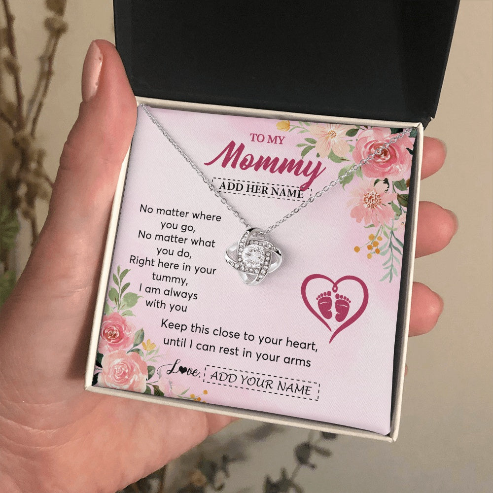 Love Knot Necklace 14K White Gold Finish | 2 | Personalized Mommy To Be Gift Pregnancy Gifts To My Mommy From Baby Bump Necklace Expecting Mom Gifts New Mothers Day Jewellery Custom Gift Box Message Card | https://teecentury.