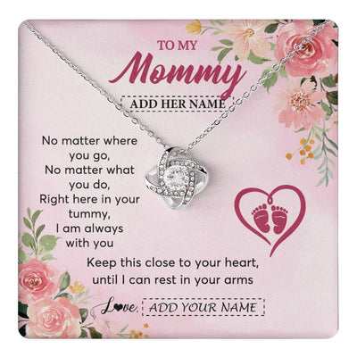 Love Knot Necklace 14K White Gold Finish | 1 | Personalized Mommy To Be Gift Pregnancy Gifts To My Mommy From Baby Bump Necklace Expecting Mom Gifts New Mothers Day Jewellery Custom Gift Box Message Card | https://teecentury.